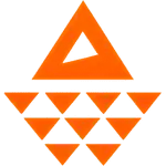 Orangefarbenes geometrisches Design mit einem großen Dreieck oben und einem kleineren dreieckigen Ausschnitt. Darunter befinden sich drei Reihen kleinerer, massiver Dreiecke, die ein umgekehrtes Trapez bilden. Das Design ist auf weißem Hintergrund angeordnet.